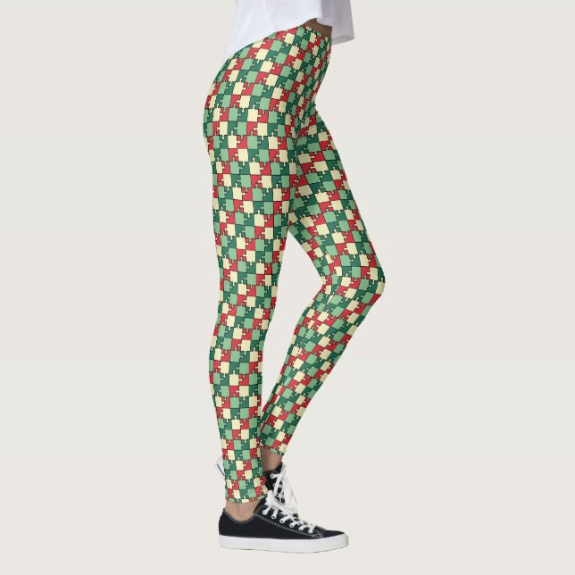 Leggings Monograma del rompecabezas rojo verde de los navid (Derecha)