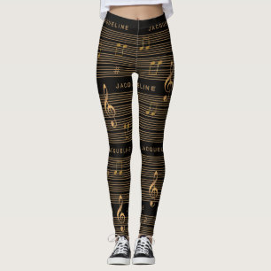 Leggings Monograma Notas y Clave de Faux Oro en NEGRO