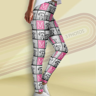Leggings Monograma rosa negro con Collage de fotos Personal
