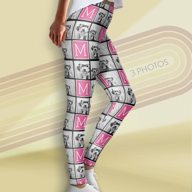 Leggings Monograma rosa negro con Collage de fotos Personal (Custom Photo Leggings)