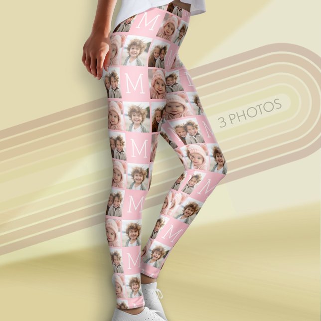 Leggings Monograma rosa Rubor con Collage de fotos Personal (Custom Photo Leggings)