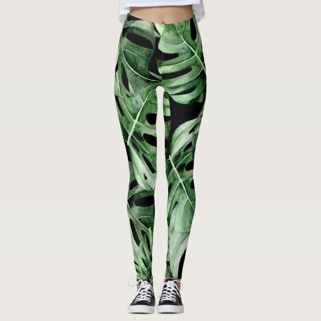 Leggings Monstera Oscura: Impresión de acuarela tropical. (Anverso)