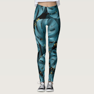 Leggings Monstera Palm, Golden Splash Seamless.