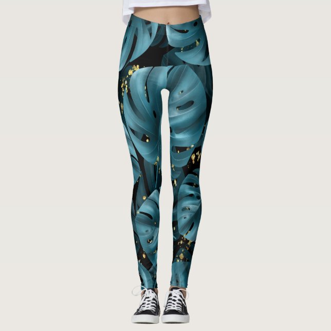 Leggings Monstera Palm, Golden Splash Seamless. (Anverso)