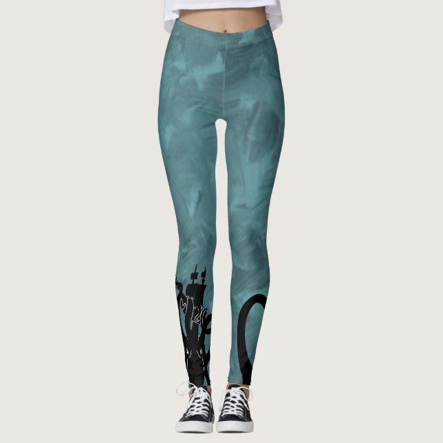 Leggings Monstruo marino azul y kraken negro con barco (Anverso)