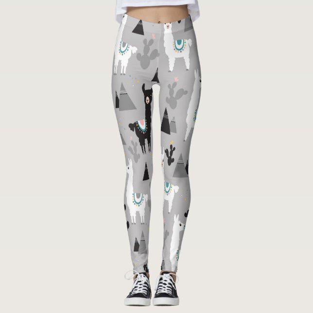 Leggings Montañas de cactus de Llama, patrón sin fisuras. (Anverso)