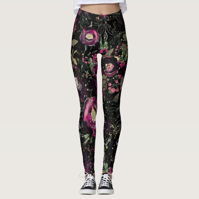 Leggings Moody Berry Plum Sparkle Floral Moderno (Anverso)