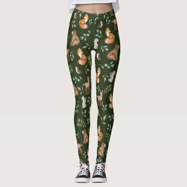 Leggings Moody Green Woodland Forest Animals Pattern (Anverso)