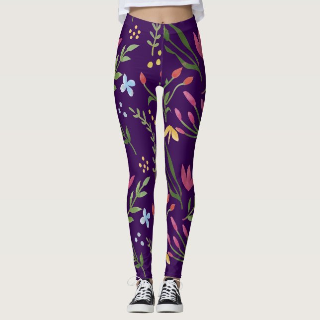 Leggings Morado acuarela Floral Negro Rosa Azul Amarillo (Anverso)