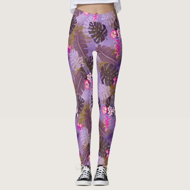 Leggings Morado de verano de follaje tropical (Anverso)