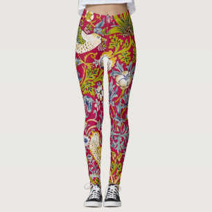 Leggings Morris Red Background Strawberry Thief Pattern