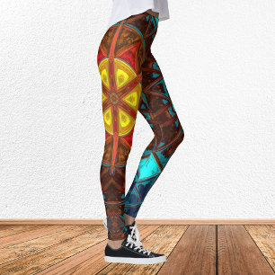 Leggings Mosaic Kaleidoscope Flower Yellow Orange and Blue