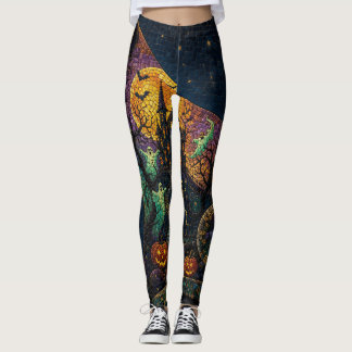 Leggings Mosaico de Halloween Castillo Embrujado Gato Negro