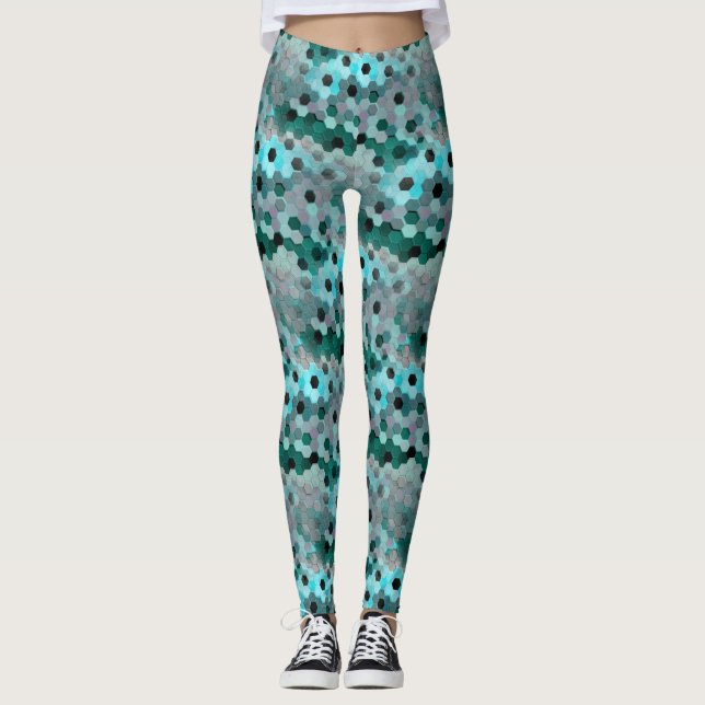 Leggings Mosaico de hexagones o cubos en tonos de cian a gr (Anverso)