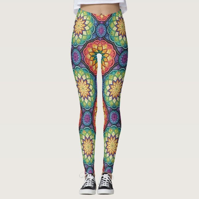 Leggings Mosaico de Mandala de Arcoíris Radiante – Vidrio E (Anverso)