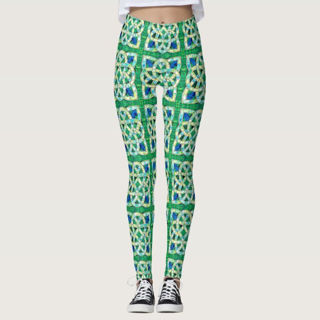 Leggings Mosaico de piedra de nudo celta verde (Anverso)