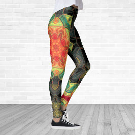Leggings Mosaico Mandala Flor Rojo Amarillo Verde y Negro