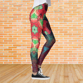 Leggings Mosaico Mandala Flor Rojo Verde azulado y Azul