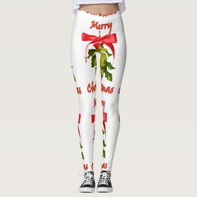Leggings muérdago ribboned rojo de las Felices Navidad (Anverso)