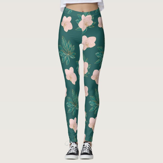 Leggings Mujer de piernas con hojas de oro y rosa (Anverso)