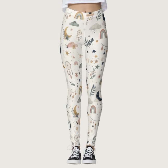 Leggings Mujeres Celestiales Boho| Luna Estrellas Neutras (Anverso)