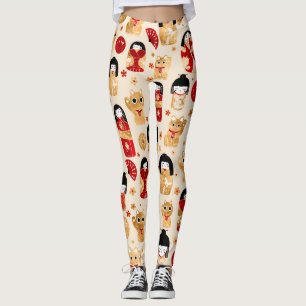 Leggings Muñecas japonesas - Gatos Kokeshi y Maneki Neko