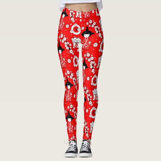 Leggings Muñecas japonesas - Gatos Kokeshi y Maneki Neko (Anverso)