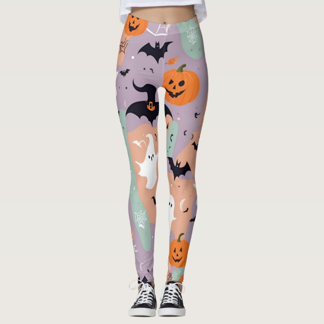 Leggings Murales morados y calabaza se burlan de Halloween (Anverso)