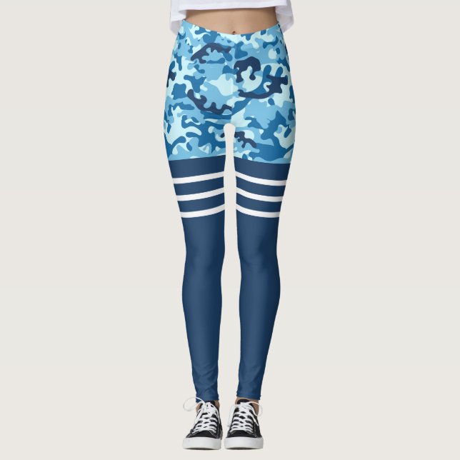 Leggings Músculo de banda blanca triple de camo azul alto (Anverso)