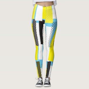 Leggings Música de jazz, patrón geométrico azul amarillo.