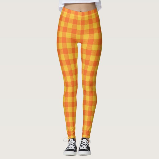 Leggings Naranja Amarillo del patrón de Tartán retro   (Anverso)