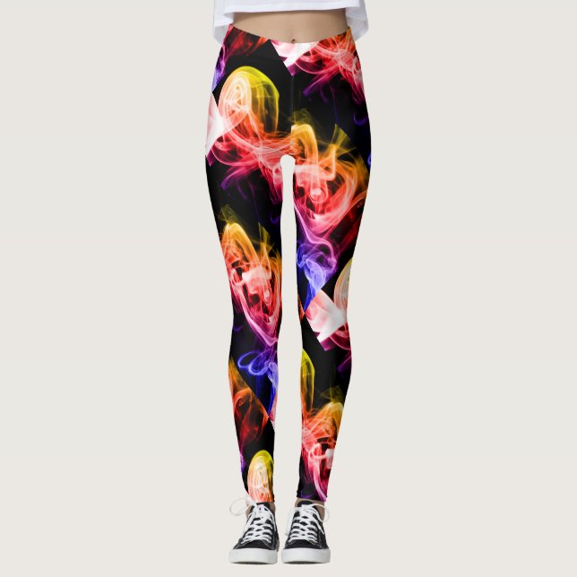 Leggings Naranja amarillo vibrante Morado Abstracto Humo (Anverso)