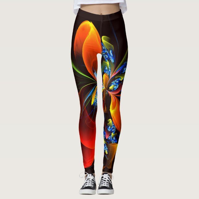 Leggings Naranja azul Floral Moderno Resumen Patrón de arte (Anverso)