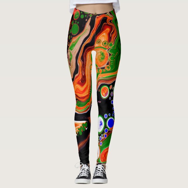Leggings Naranja, azul, verde, negro, arte de fluido digita (Anverso)