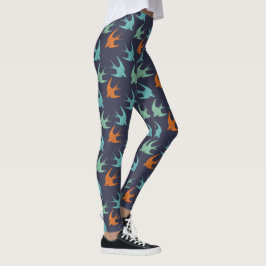 Leggings Naranja azul y patrón de pájaro verde