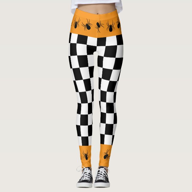Leggings Naranja blanco negro a cuadros arañas de Halloween (Anverso)