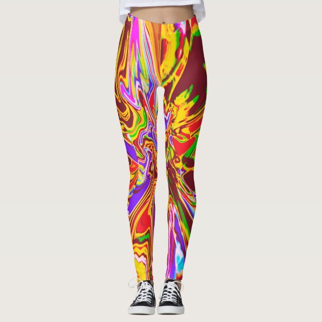 Leggings Naranja, Borgoña, diseño de flores psicodélicas (Anverso)