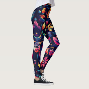 Leggings Naranja colorido Flor rosa amarilla Resumen