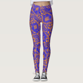 Leggings Naranja de color azul cobalto, ornamento floral ún