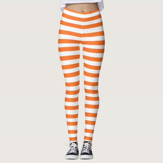 Leggings Naranja de Halloween, piernas de rayas blancas (Anverso)