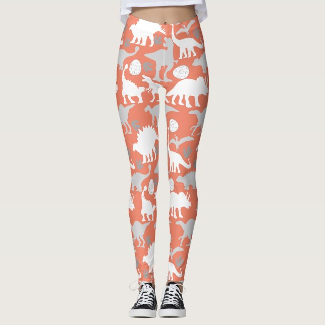 Leggings Naranja de patrón de dino gris BG (Anverso)