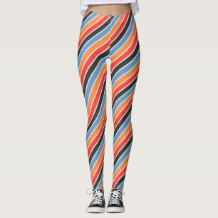 Leggings naranja diagonal, patrón de rayas azules y rojas