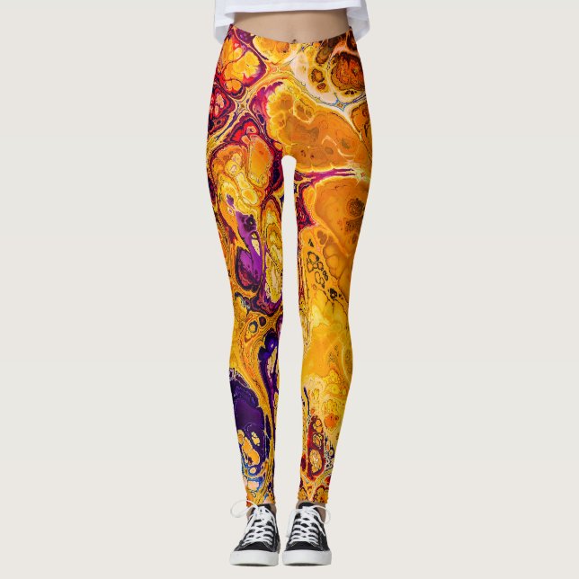 Leggings Naranja dorado y arte fractal púrpura (Anverso)