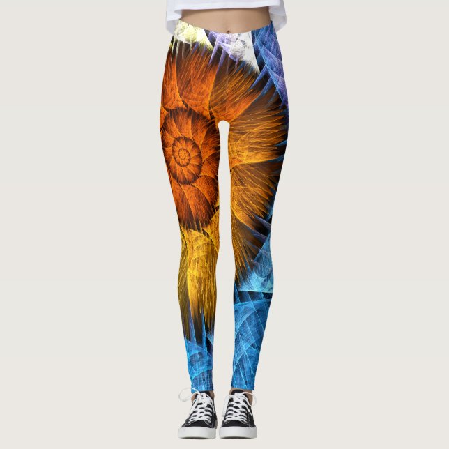 Leggings Naranja floral Azul amarillo abstracto arte (Anverso)