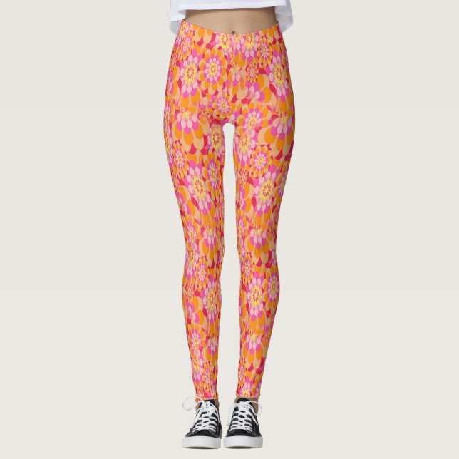 Leggings Naranja Floral Rosa Groovy Hippy Retro Psicodélico (Anverso)