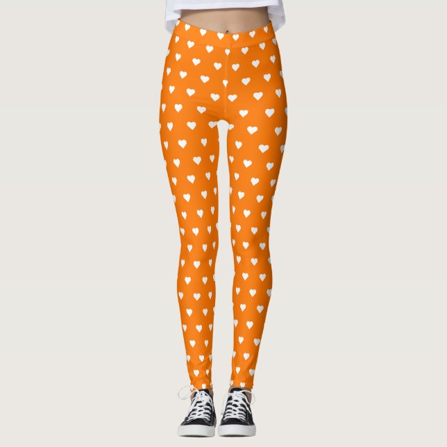 Leggings Naranja Halloween Patrón de Corazón Blanco Traje (Anverso)