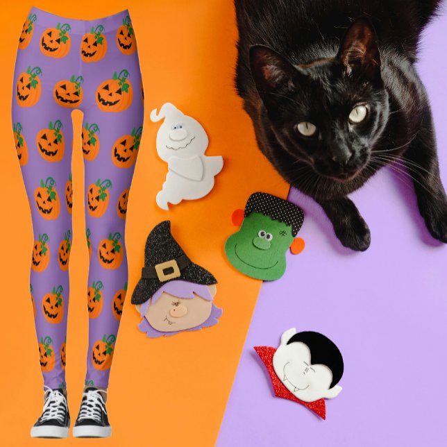 Leggings Naranja morado personalizado feliz Jack O Lantern (Cute pumpkins on purple background. Perfect for Halloween!)