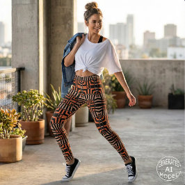 Leggings Naranja Negro Geométrico Arte Óptico Mosaico Retro