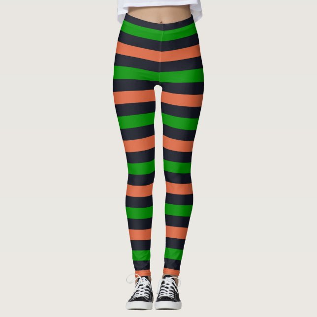 Leggings Naranja negro verde rayado piernas de Halloween (Anverso)
