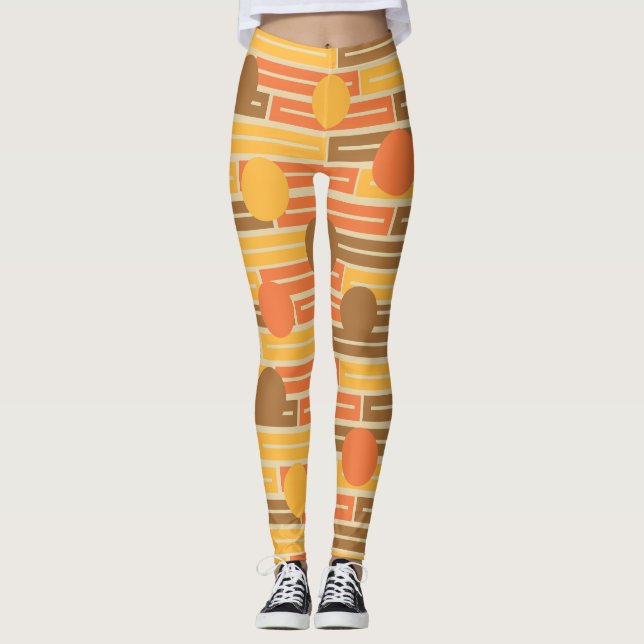 Leggings Naranja, Oro, Rectángulos y Círculos Marrones (Anverso)
